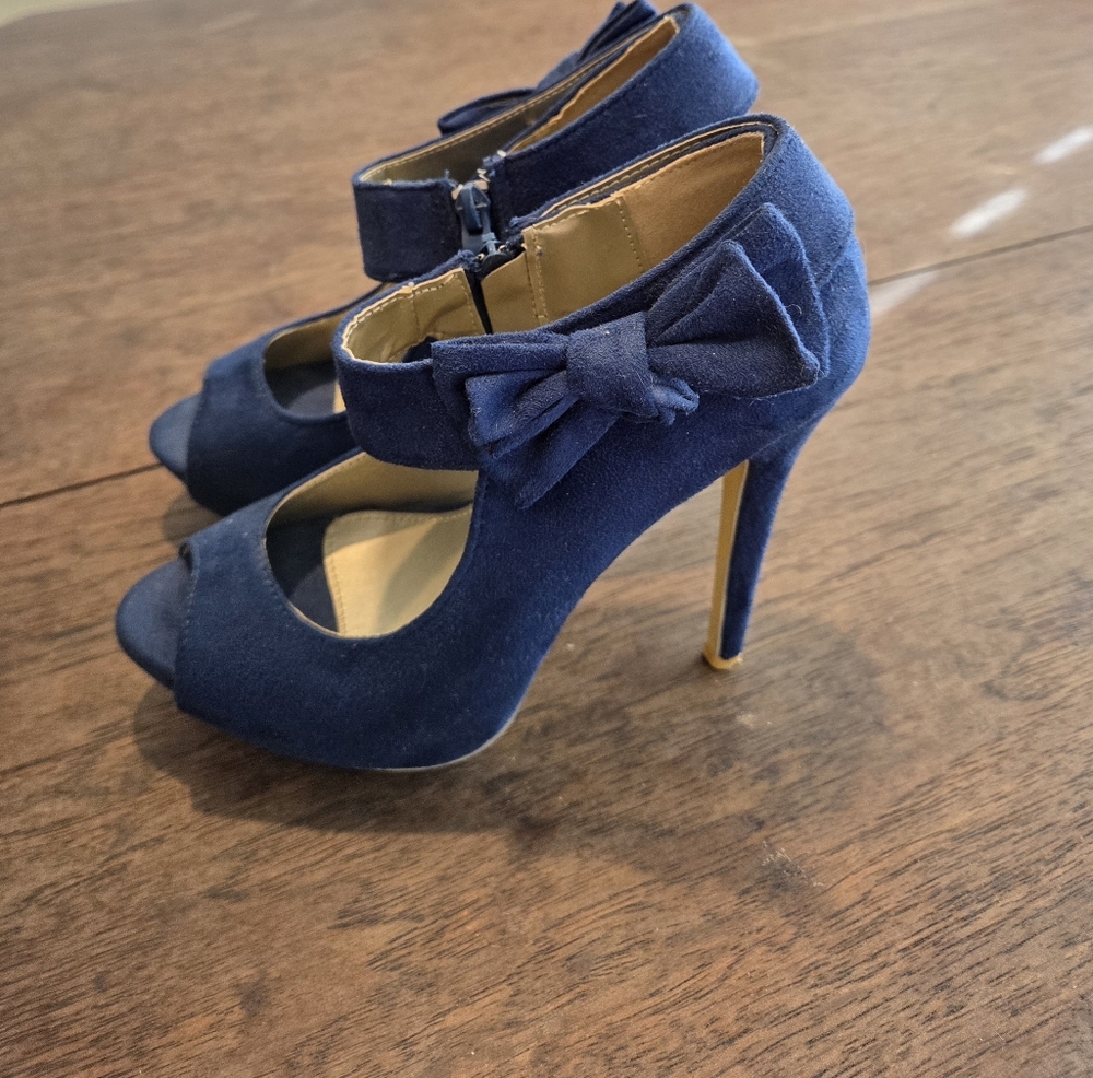 Navy Blue Suede Peep Toe Bow Heels - Size 6.5